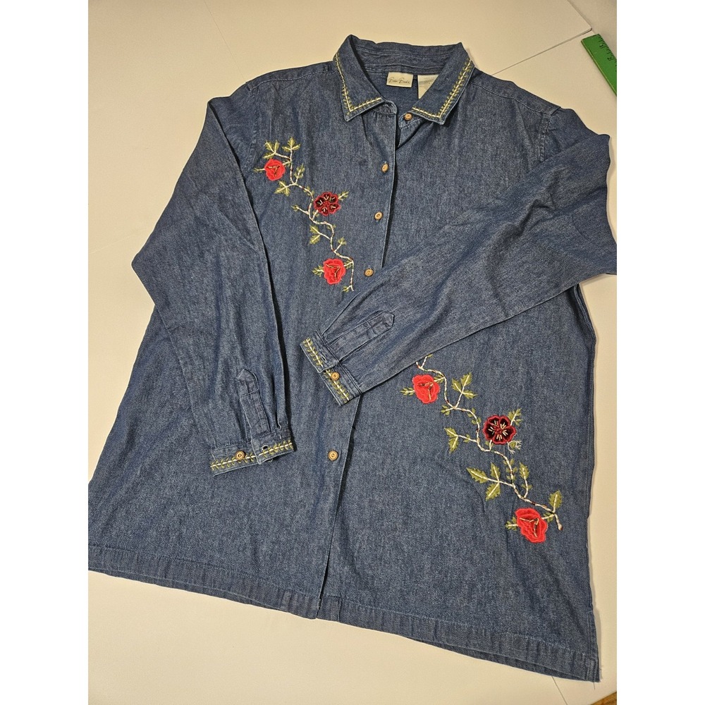 Bobbie Brooks Floral Embroidered Denim Button Up Shirt Womens Size Large 14/16